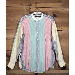Vintage Nautica Seersucker Striped Colorblock Button Up Shirt Mens Size Medium